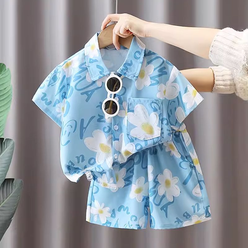 儿童沙滩服套装夏季短袖花衬衫短裤男童2025夏装两件套潮童薄款