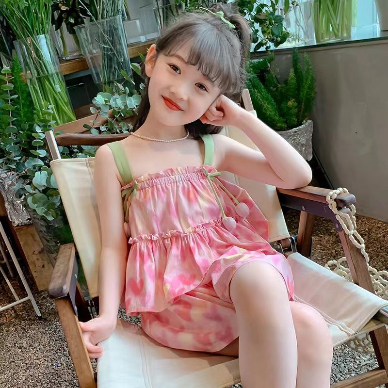 2025新款女童套装薄款休闲高腰运动五分裤粉色冰丝短裤儿童两件套