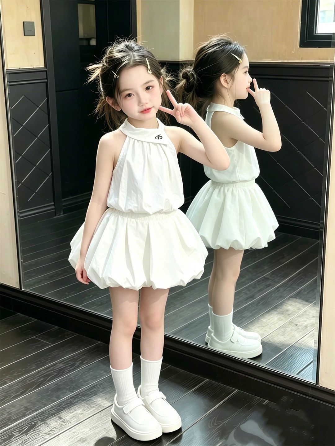 童装女童套装夏季2026新款韩系高级感儿童白色挂脖背心半裙两件套
