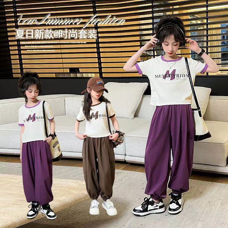 女童套装夏季2025新款儿童短袖灯笼裤中大童女孩休闲运动两件套潮