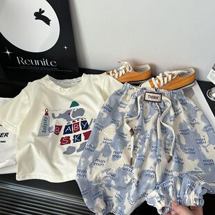 儿童短袖套装2026新款男童女童中大童夏季韩版卡通休闲透气两件套