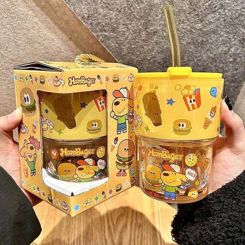 keir狗汉堡玻璃杯带吸管杯子盖子礼盒可爱卡通家用水杯女生日礼物