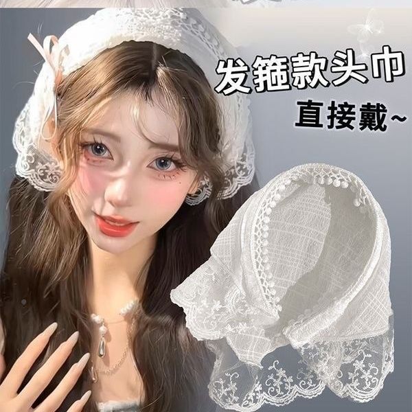 白色丝发头巾体法式GES三角巾包头方巾一帽田园风蕾周箍也同款发