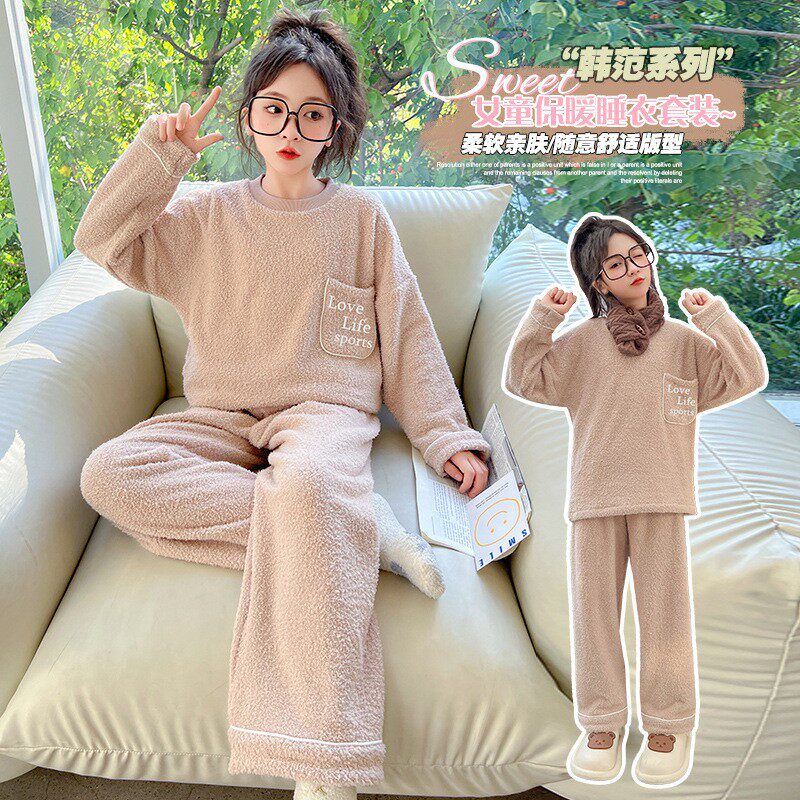 女童D2T24809珊瑚绒睡衣童冬季202新款法4兰儿绒加厚款大童中半边