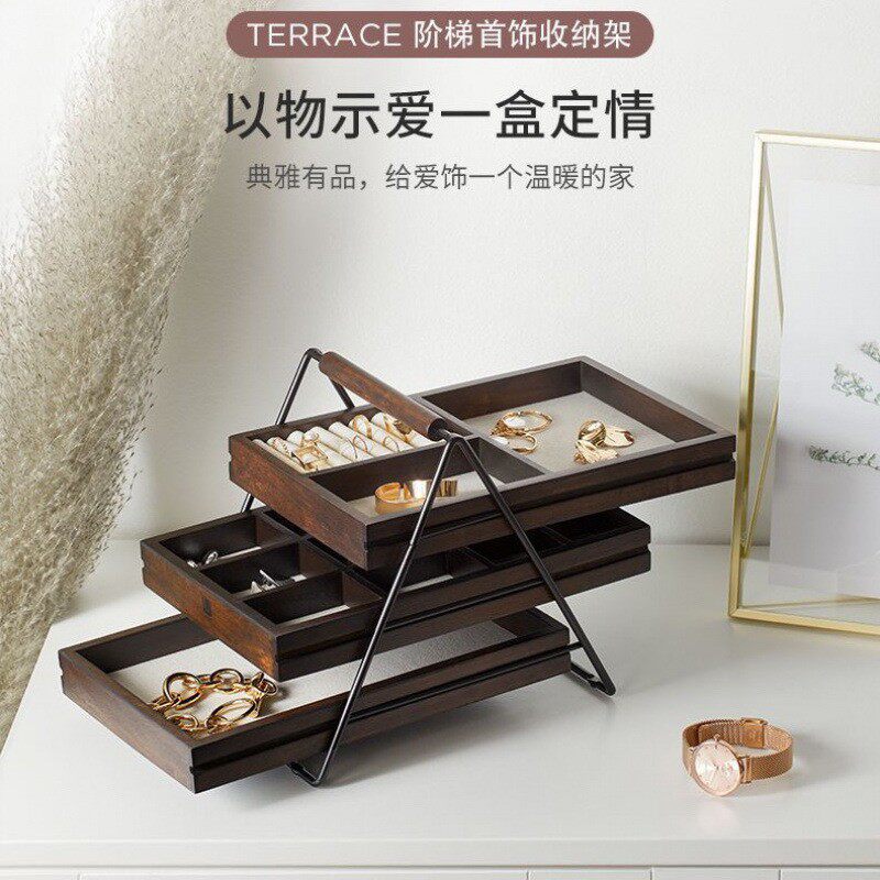 胡桃木实木多层饰品展示架首饰防尘收纳盒戒指柜台展示珠宝摆放