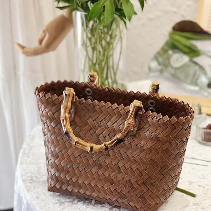 2024新款藤编手提包草编包包竹节包女夏覆古纯手工竹编托特包度假
