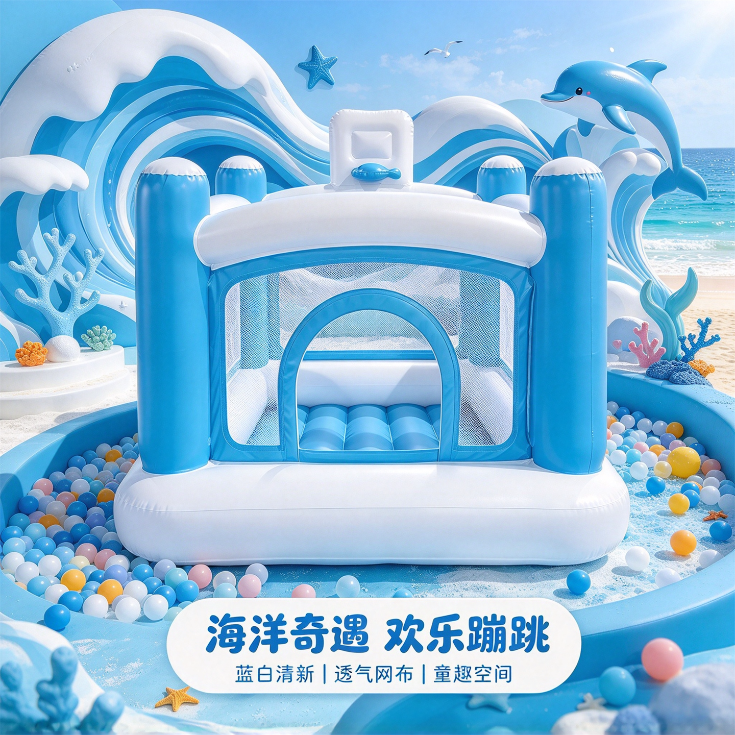 儿童充气城堡室内家用蹦蹦床加厚 PVC 网面防护宝宝充气淘气堡游