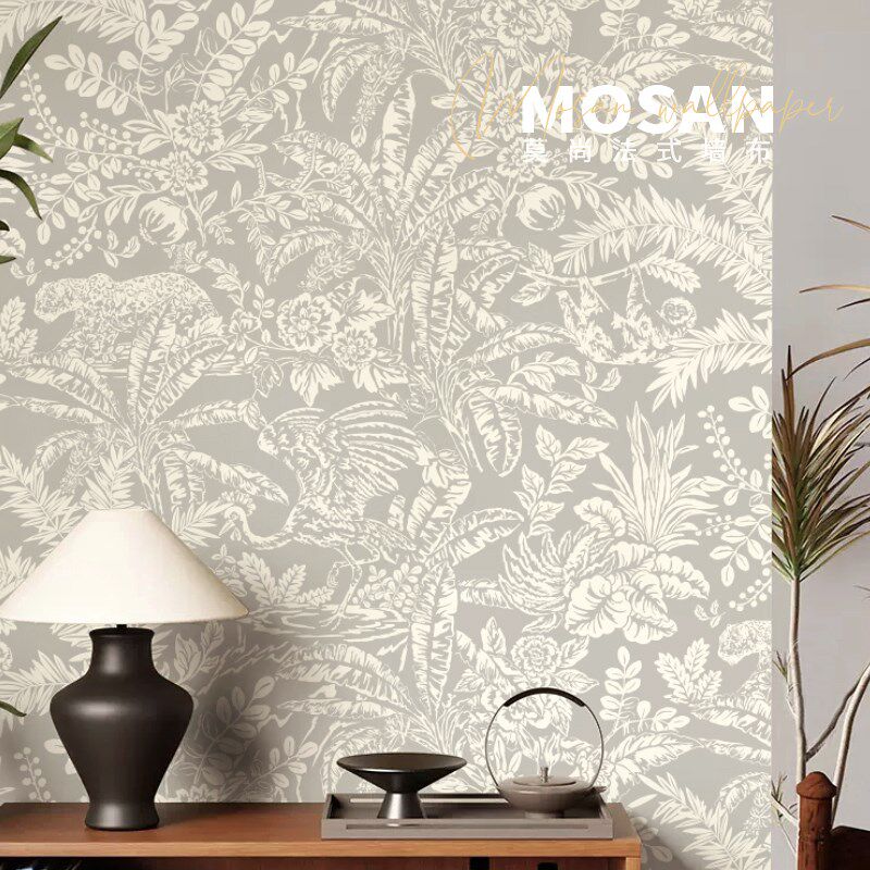 热销法式手绘墙布美式艺术丛林壁纸中世纪电视背景墙家用壁布卧室
