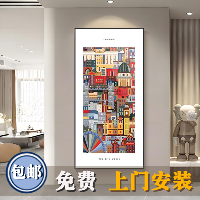 轻奢城市建筑入户玄关装饰画现代高级感客厅艺术壁画走廊过道挂画图片