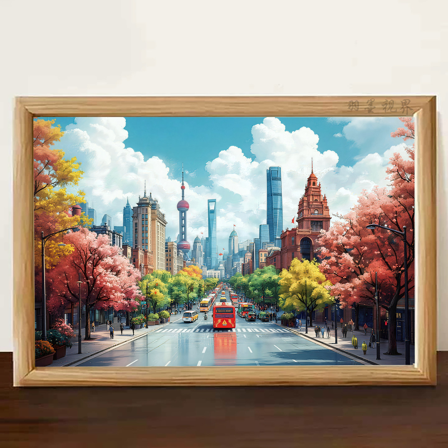 治愈动漫风上海外滩街道风景插画相框 桌面装饰摆件礼物