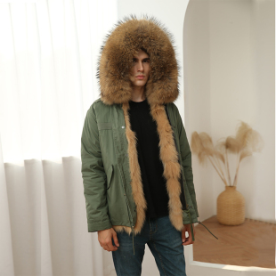 2020秋冬新款 派克服男加厚狐狸毛内胆皮草大毛领连帽青年外套潮牌