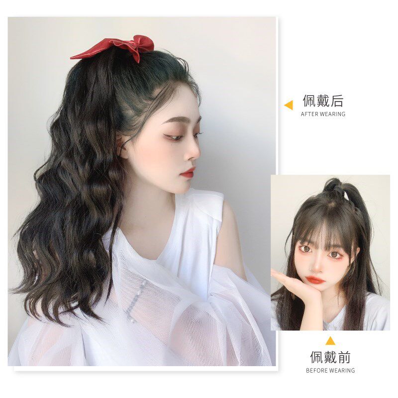 网红长发变蝴蝶结长假发扎辨子卷发中长羊毛卷绑带式马尾假短发少
