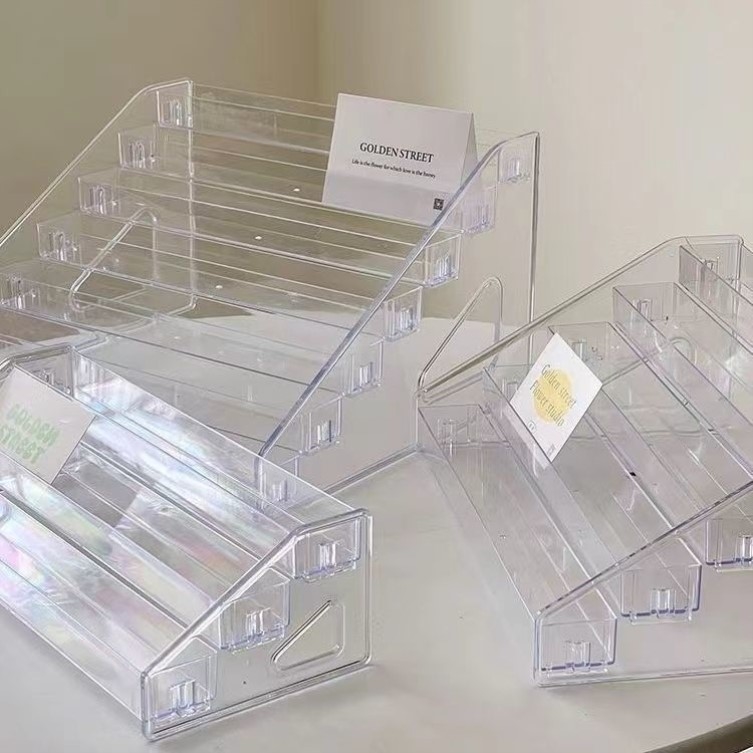 吧唧展示架透明桌面谷子收纳盒阶梯架子立牌卡片徽章压克力小卡CD