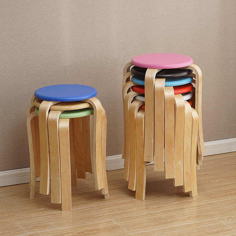 简约实木凳子家用曲木凳时尚塑料小圆凳成人彩色板凳环保型何烛优