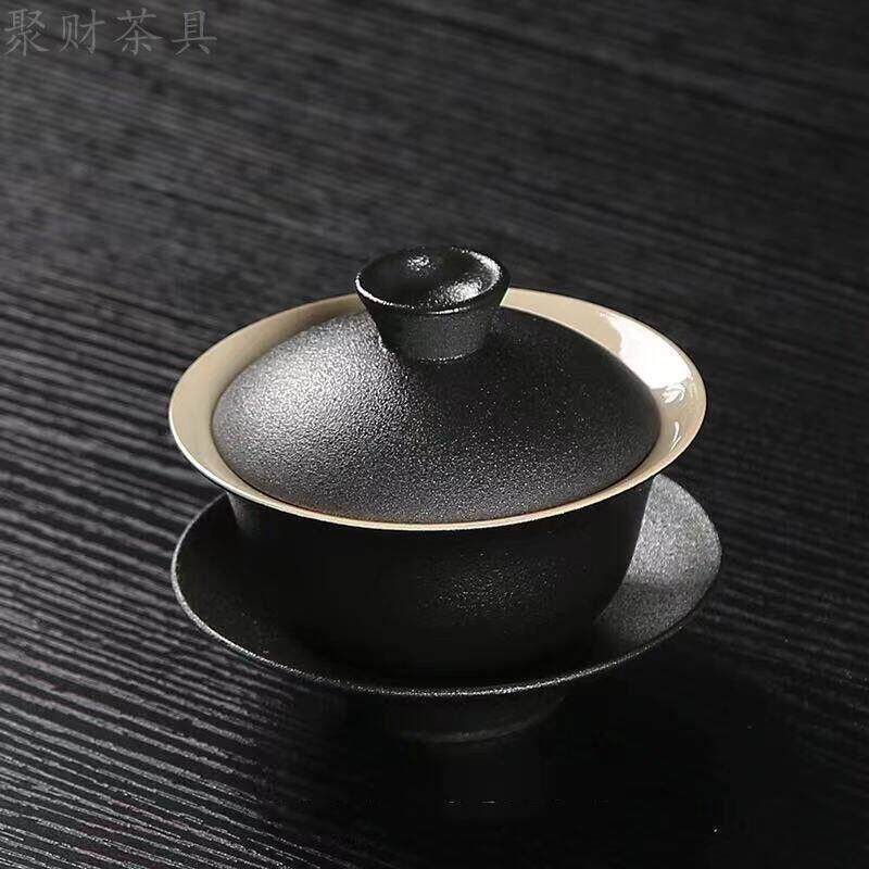 黑禅风敬茶碗黑陶盖碗茶杯茶备手抓泡茶壶三才杯粗陶