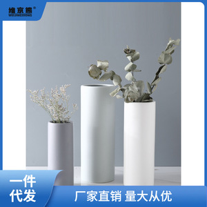 北欧创意圆柱哑光陶瓷花瓶白色简约家居装饰客厅摆件鲜干花花烛优