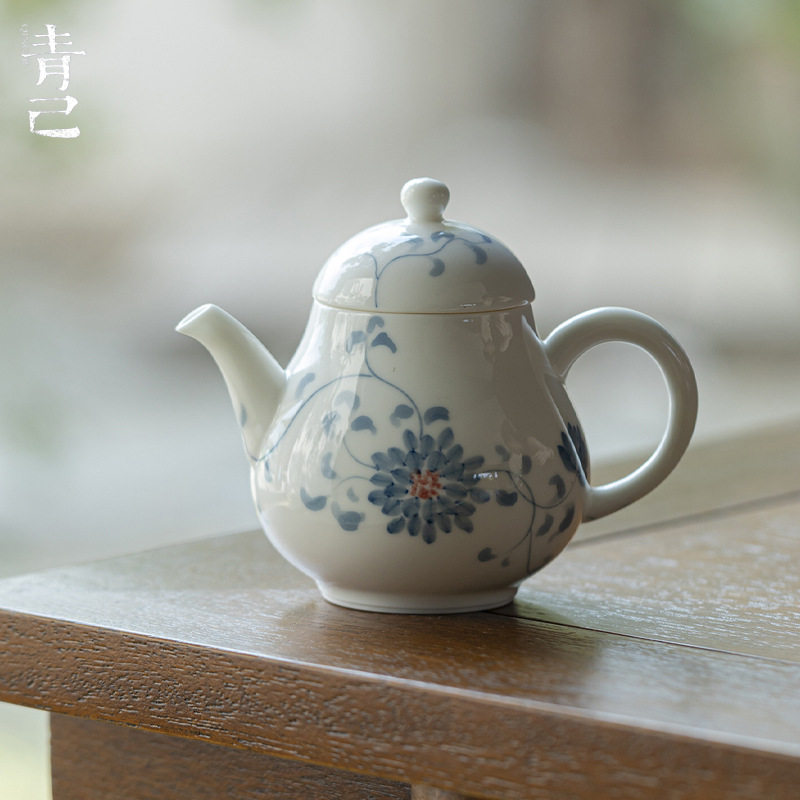 青己手绘青花玉泥陶瓷茶具功夫茶具釉下彩缠枝莲纹陶瓷球孔过滤壶
