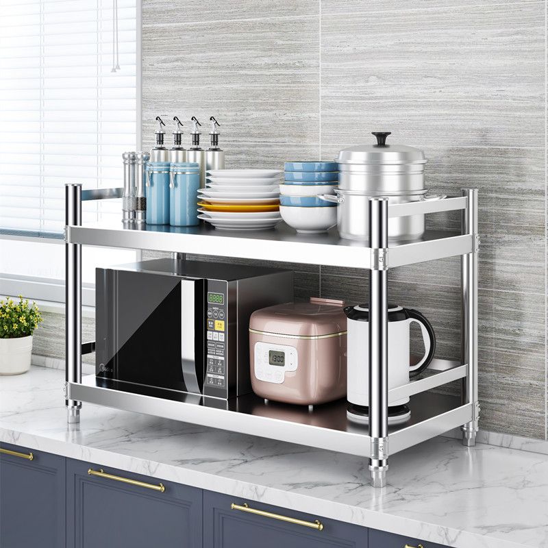 不锈钢厨房两层带围栏置物架落地架家用微波炉架锅具调料收纳架子