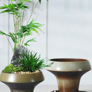 苔藓球竹子专用盆水培器皿家用高脚花盆花器复古禅意陶瓷轻奢花瓶