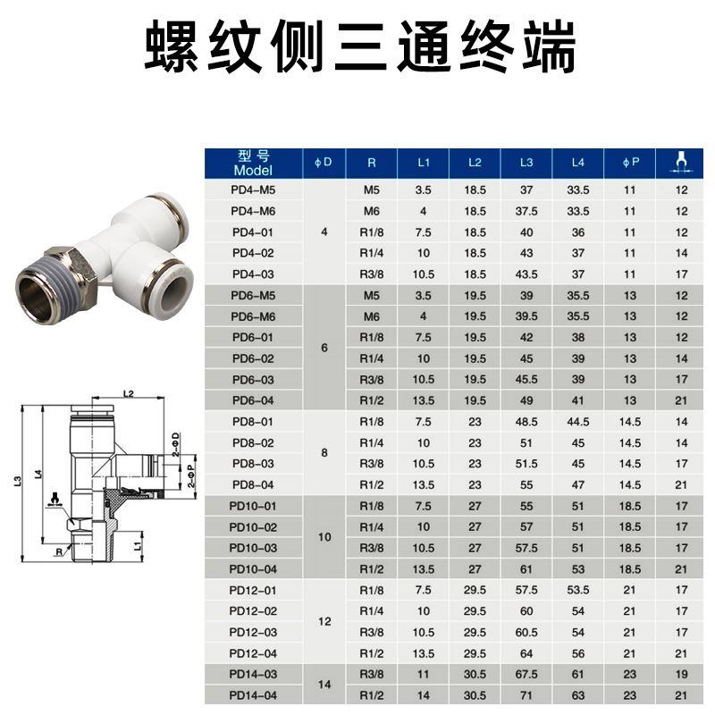 外螺纹侧三通PD04 6 8 10 12-04 03气管串联02 01 M5气动接头旋转