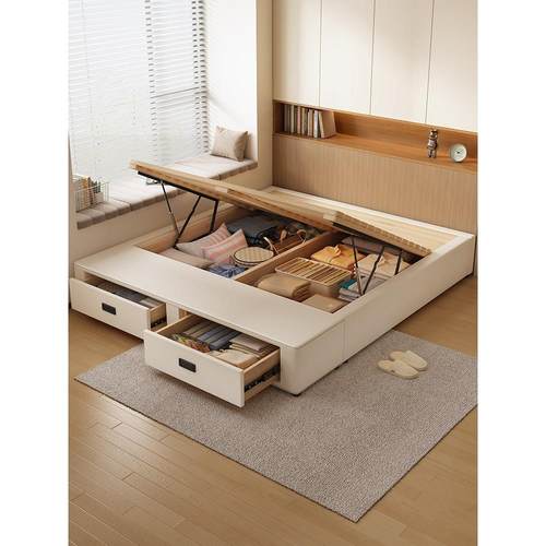 米白色床箱全开尾抽气压气动带抽屉收纳高箱储物床箱体床身落地床