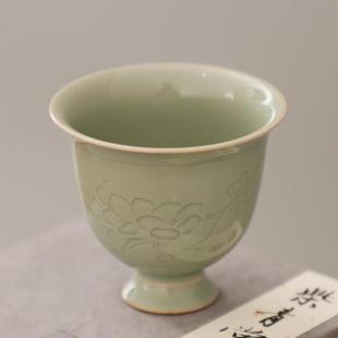 青瓷高足主人杯茶杯 仿唐代耀州窑周世宗官窑天青釉手工刻花中式