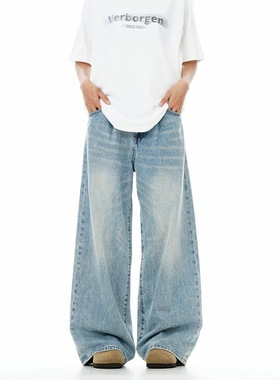 Verborgen浅蓝色牛仔裤复古水洗做旧直筒宽松阔腿美式高街男长裤