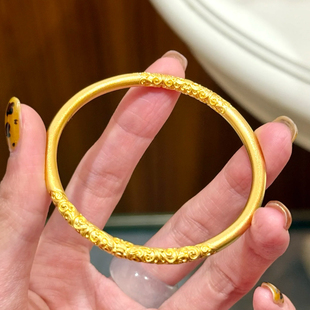 古法沙金卷草纹手镯实心素圈金镯子黄金色久不掉色周家仿真三金