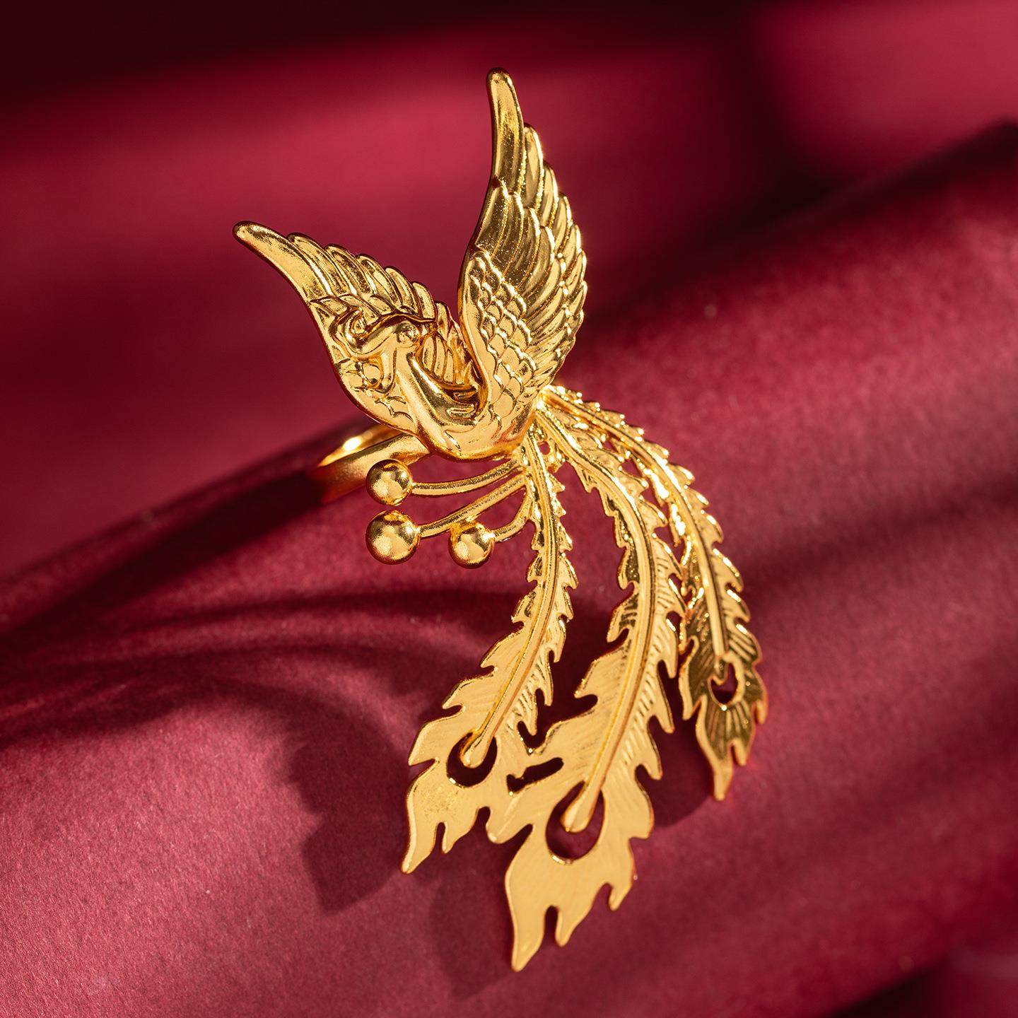 金店同款沙金凤凰戒指黄金色可调节新娘首饰婚戒手饰品秀禾服指环