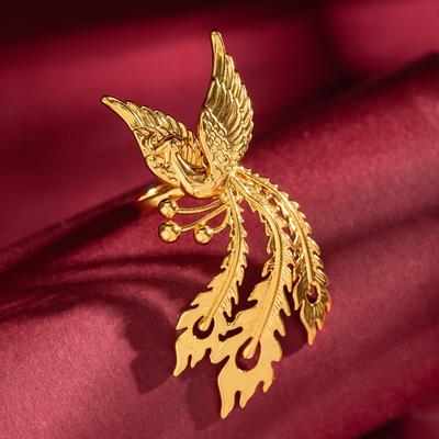 金店同款沙金凤凰戒指黄金色可调节新娘首饰婚戒手饰品秀禾服指环