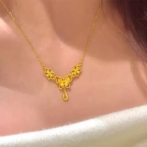 金店同款蝶蝶生花沙金项链周家久不掉色花卉蝴蝶婚庆首饰锁骨链女
