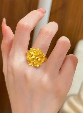 沙金繁花绣球戒指仿真黄金大花结婚真黄金首饰开口可调节指环女
