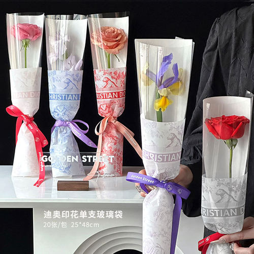 大牌印花单支袋鲜花束透明直筒防水玻璃纸花店包装材料