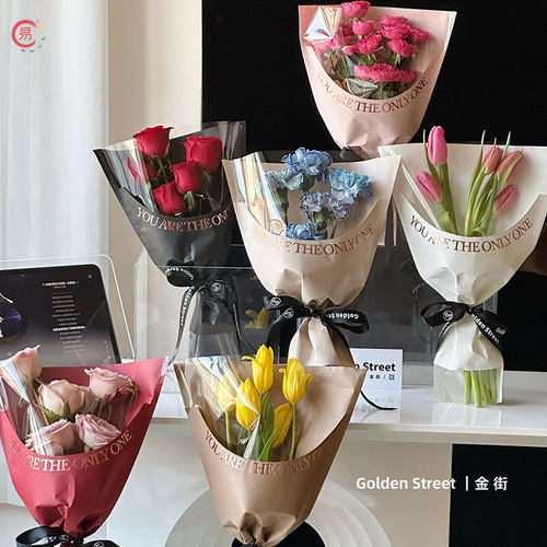 烫金异形袋情人节玫瑰花束透明英文多支包花袋鲜花袋