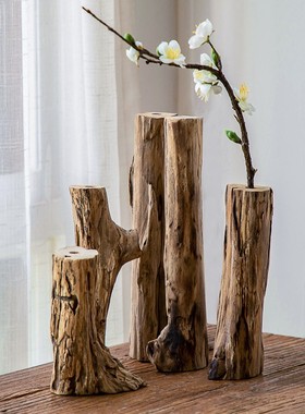 热销异丽客厅茶桌装饰品复古茶台茶艺木头小花瓶创意中式禅意茶室