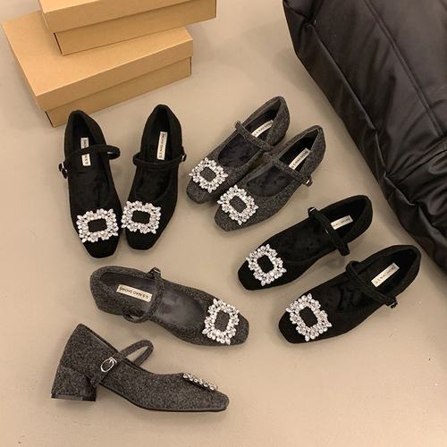 【维也娜老赵专享】GLQ8633冬季新款法式毛呢镶钻粗跟加绒玛丽珍