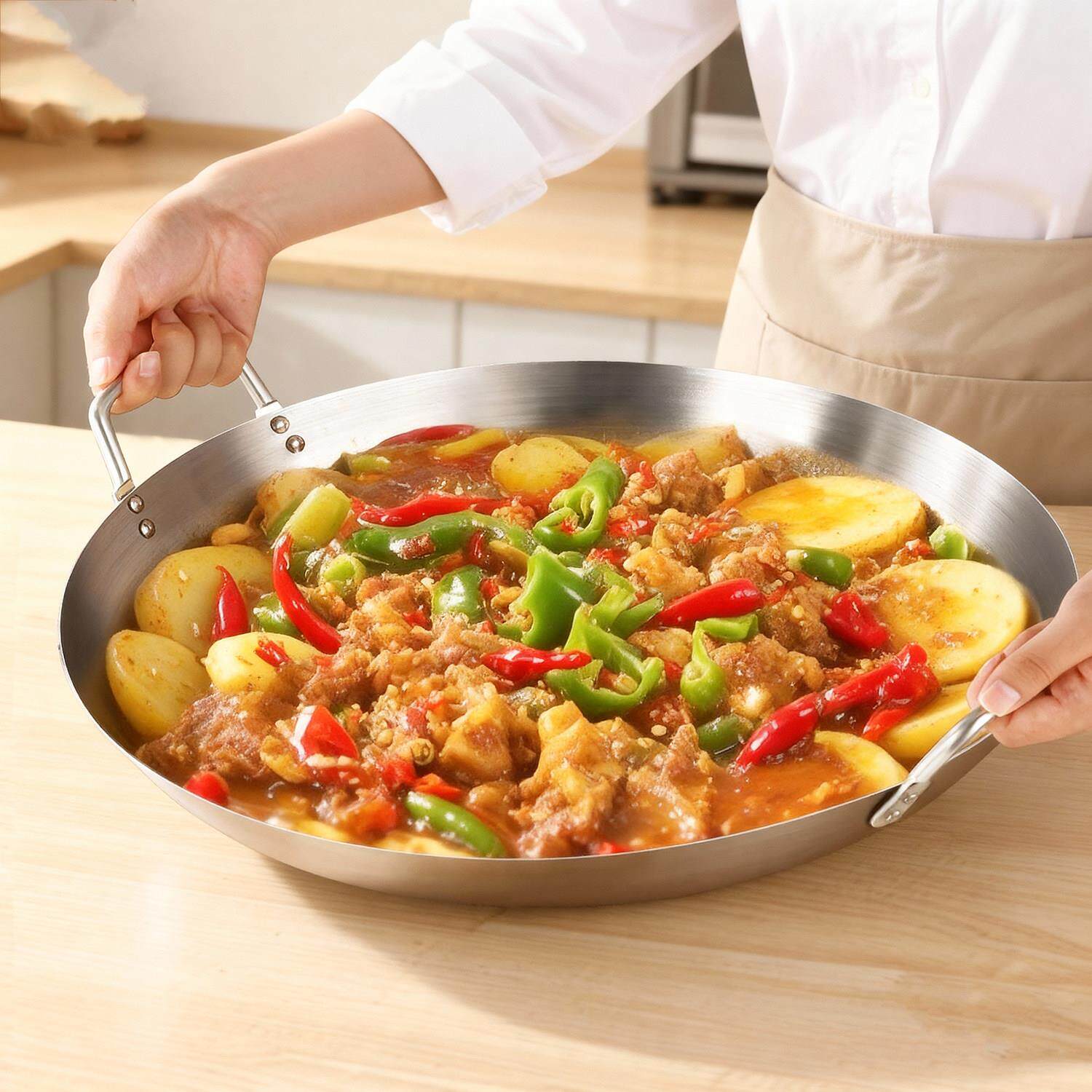 锈钢双耳平底锅专天花板(用家用商用煎锅煎饼电炉烙摆不摊铁磁锅