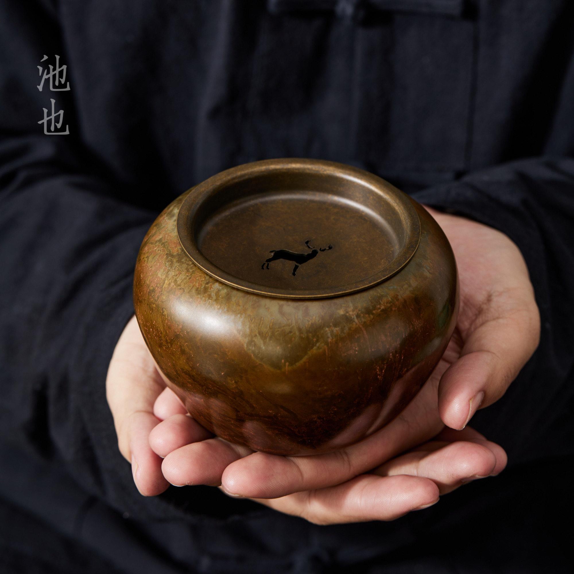池也号手纯铜HOI建洗水家用中工式复古小水茶洗茶渣缸茶盂茶道零