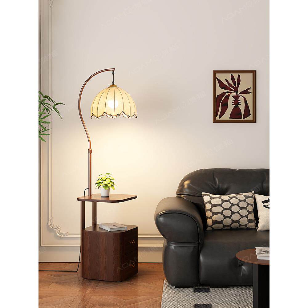 中古风279落地灯客厅沙发抽旁屉物柜一体台灯覆古卧室头置架氛围