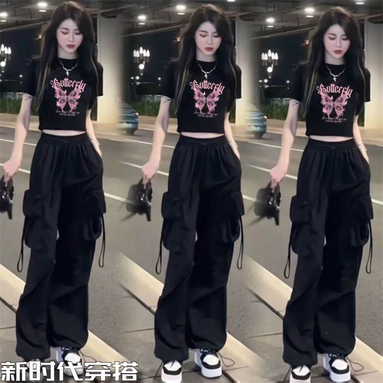 黑色套装女春季两件套街舞演出服短袖上衣工装风阔腿裤运动套装