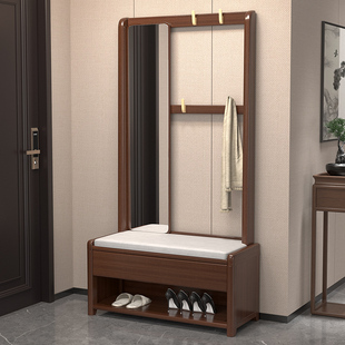 多功能实木挂衣架带镜子一体落地卧室入户穿衣镜换鞋凳简约衣帽架