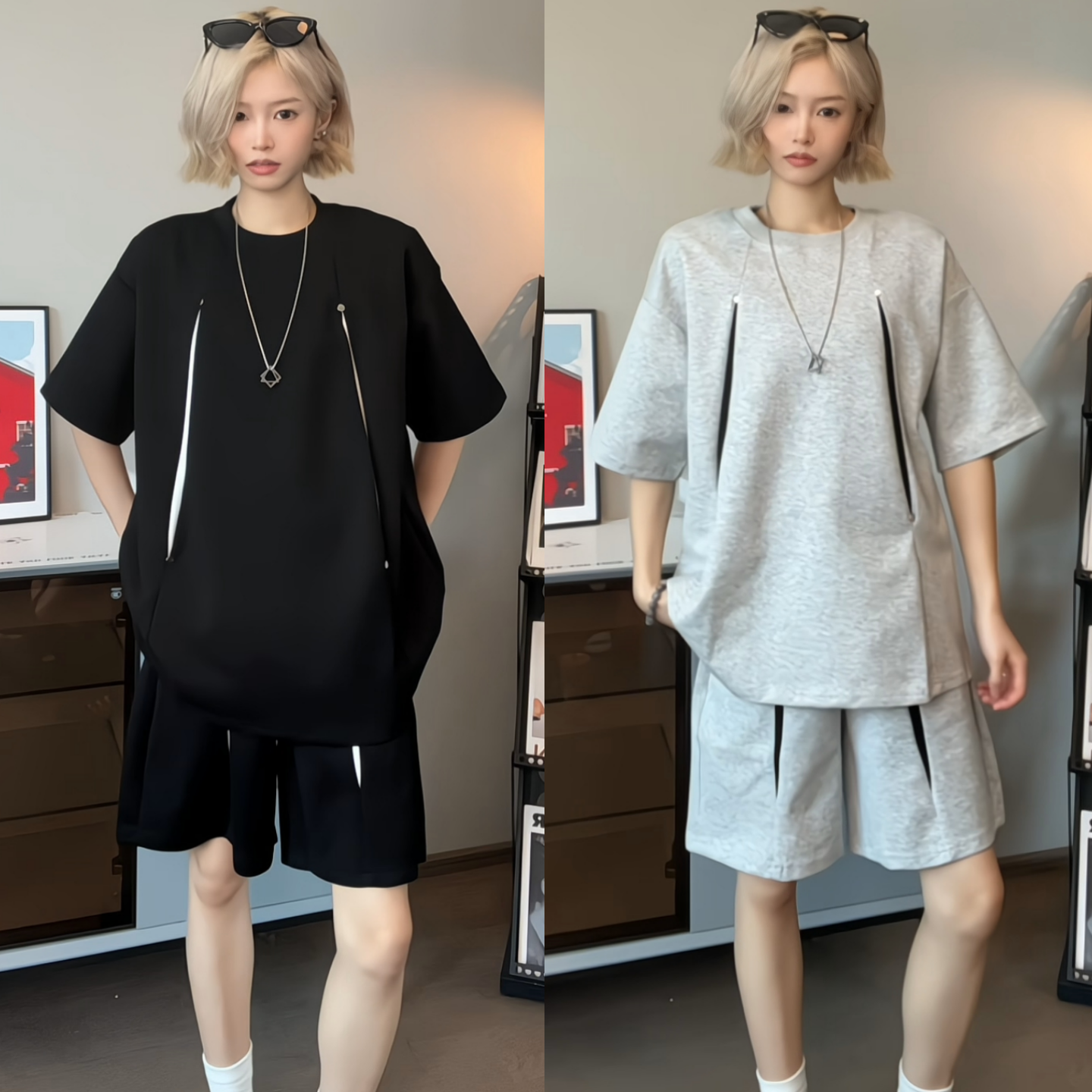 男夏季洋气百搭潮流痞帅时尚套装美式机车风铆钉短袖T恤宽松短裤
