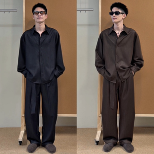 复古男士秋季新款韩版痞帅宽松长袖衬衫长裤时尚休闲两件套套装