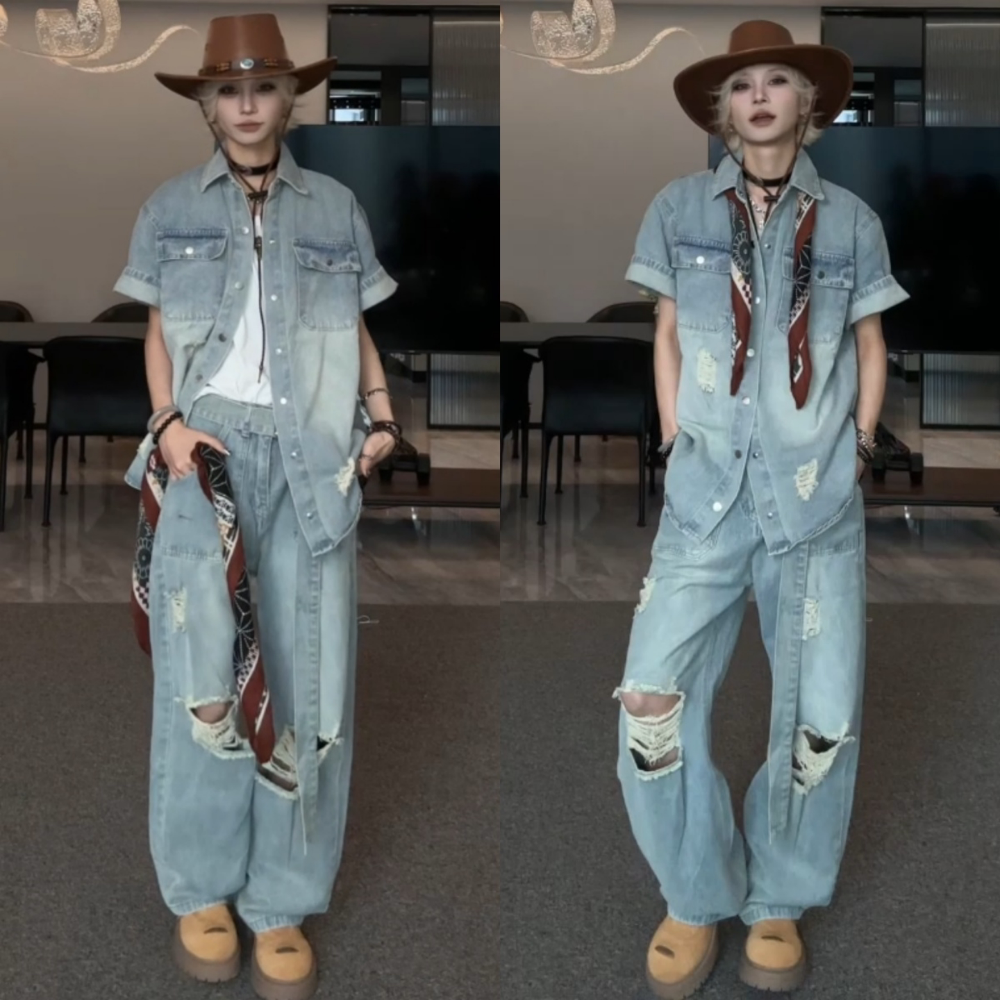 洋气减龄夏季新款冰川蓝潮流痞帅个性时尚美式复古破洞牛仔套装男