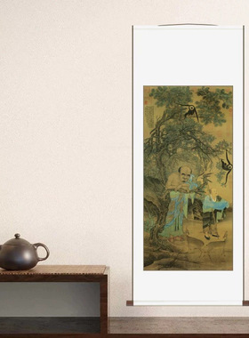 宋-刘松年罗汉图双鹿国画117.2x57高清原版字画复制挂轴画客厅画