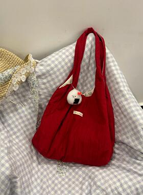 韩系红色褶皱条纹帆布包包女2025新款大容量单肩托特包通勤购物袋