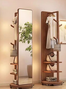 实木挂衣架卧室落地衣帽架穿衣镜一体客厅家用可移动多功能置物架