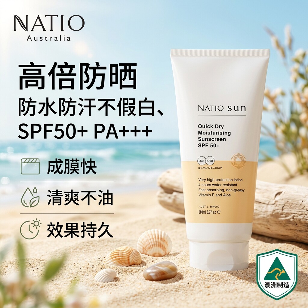 NATIO澳洲原装进口速干防晒霜SPF50+高倍防晒乳防水防汗不油200ml