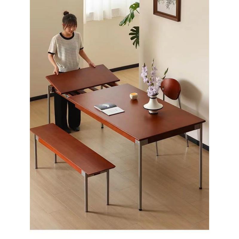 北欧实木伸缩餐桌家用长方形可折叠小户中古风复古饭