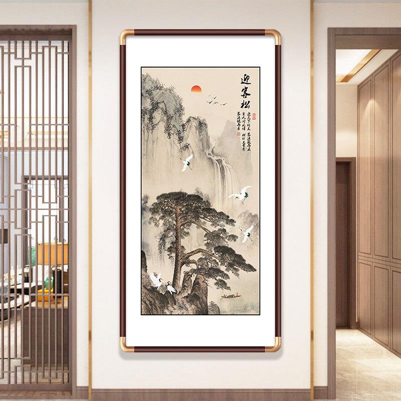新中式玄关装饰画中式实木榫卯圆角壁画入户进门墙过道迎客松挂画